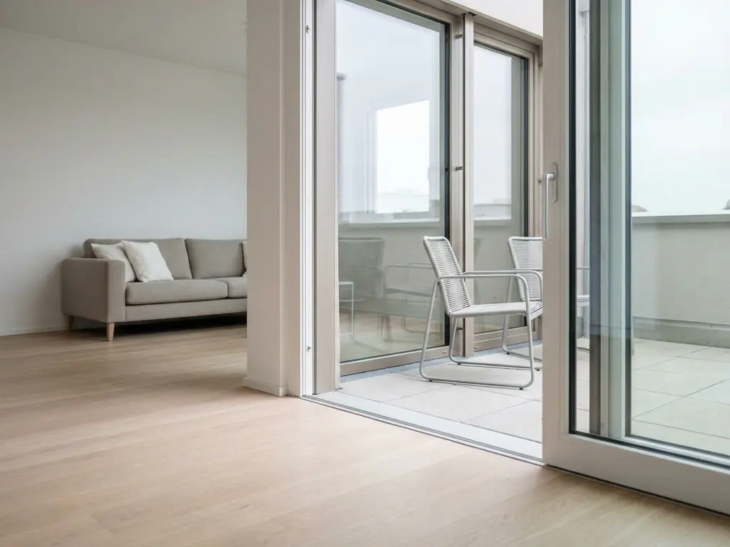 Offene Glas-Schiebetür mit Blick auf hellen Balkon, Greige-Sofa, Holzboden und zwei schlanke Terrassenstühle in minimalistischer Wohnung.