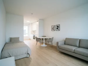 Minimalistisch eingerichtetes Apartment mit greigem Bett, Sofa, rundem Tulpen-Esstisch und weißer Einbauküche auf hellem Parkettboden.