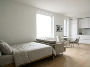 Minimalistisch eingerichtetes Apartment mit graubeigem Sofa, Einzelbett, rundem Tulpen-Esstisch und hellem Eichenparkett.