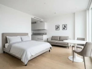 Minimalistisch eingerichtetes Apartment mit greigem Bett, Zweisitzer-Sofa, rundem Tulpen-Esstisch und weißen Küchenschränken auf hellem Eichenparkett.