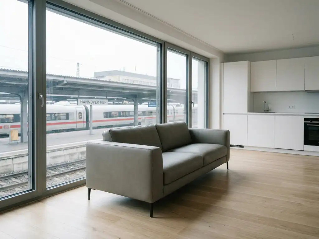 Minimalistisches Apartment mit greigem Sofa vor Panoramafenster mit Blick auf Hannover Hauptbahnhof, helles Eichenparkett, weiße Küche.