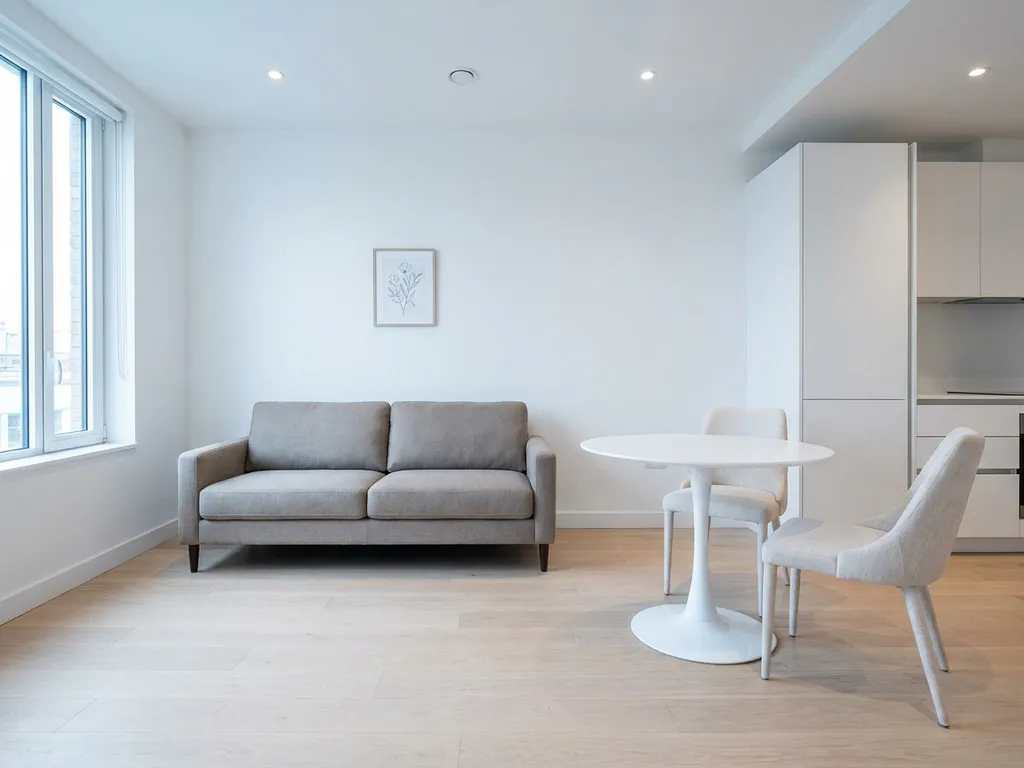 Minimalistisch eingerichtete Wohnung mit hellem Parkettboden, greigem Zweisitzer-Sofa und rundem weißem Tulip-Esstisch.