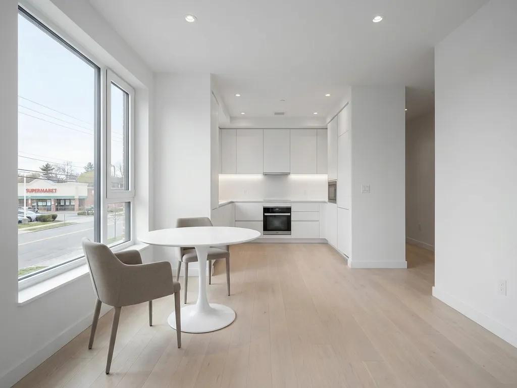 Minimalistisches Apartment mit rundem weißem Tulip-Tisch, greige Stühlen und Parkettboden, Blick durch helles Fenster auf Stadtstraße.