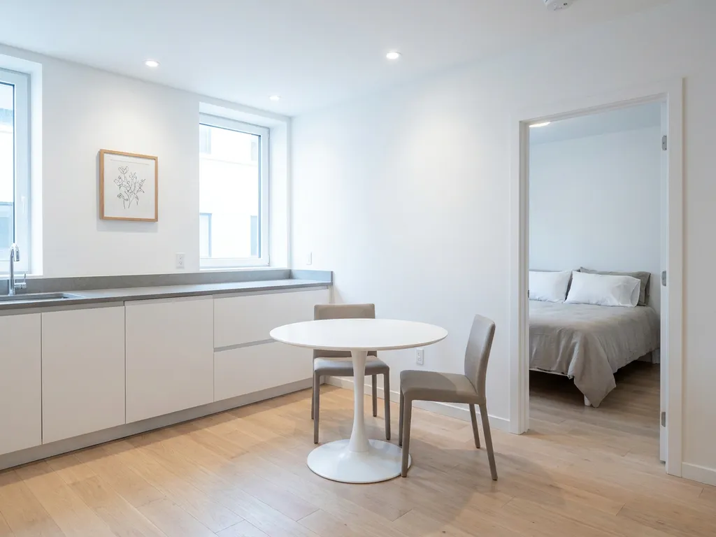 Minimalistisch eingerichtete Wohnung mit hellem Holzboden, weißer Küche, rundem Tulpen-Esstisch und zwei greige Stühlen.