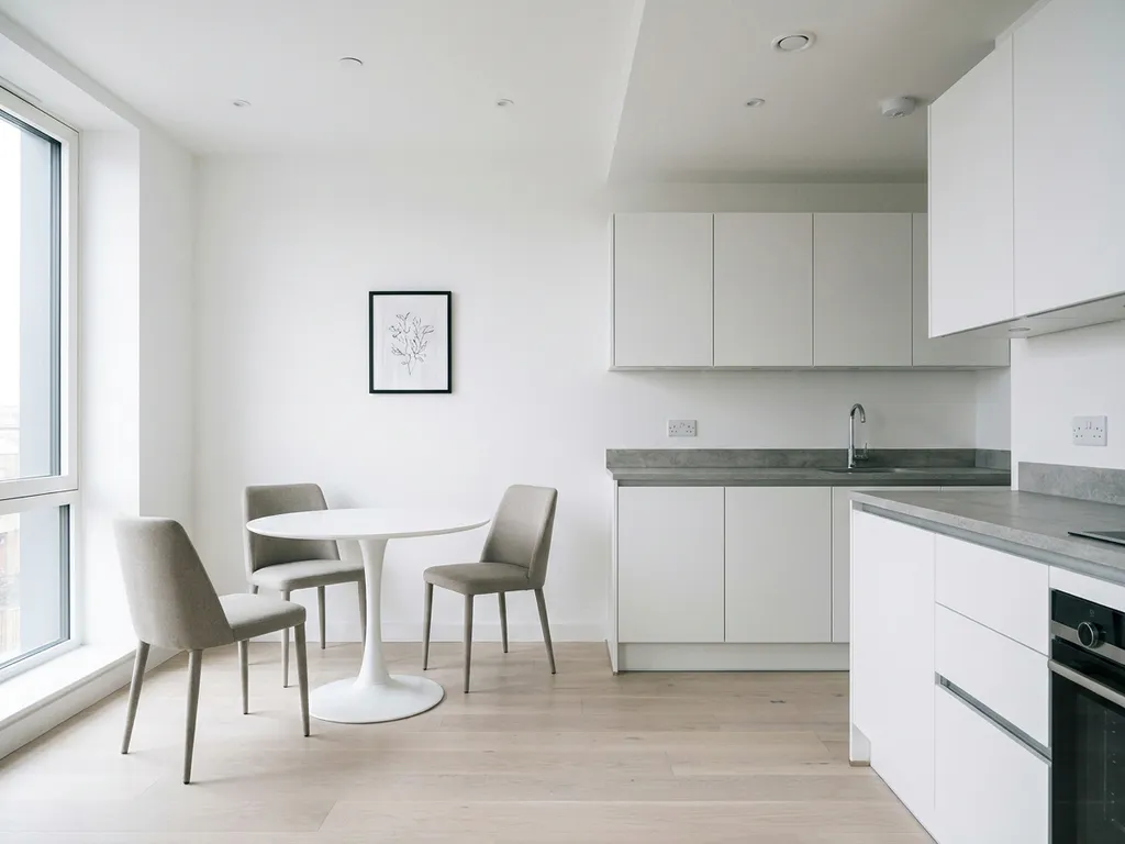 Minimalistisches Apartment mit hellem Eichenparkett, weißer Einbauküche, grauer Steinarbeitsplatte und rundem Tulip-Esstisch mit greigen Polsterstühlen.