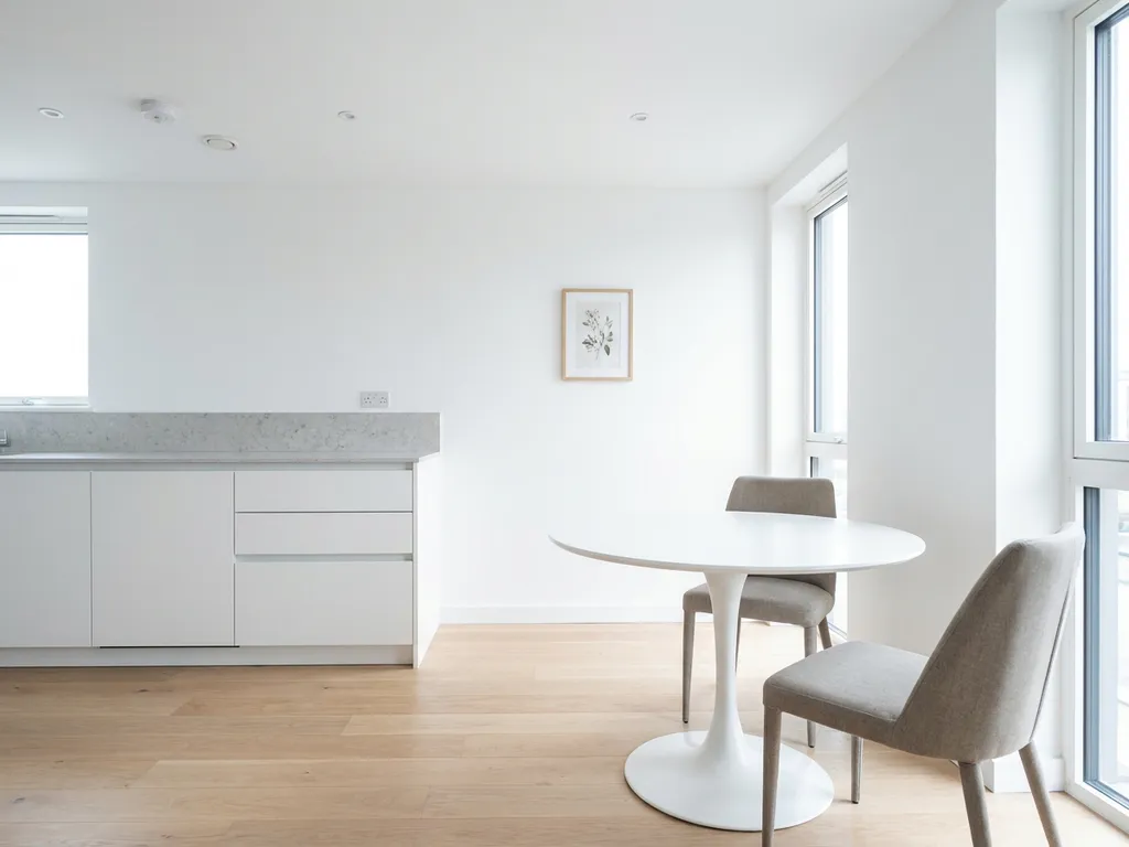 Minimalistisch eingerichtete Wohnung mit hellem Parkettboden, weißen Küchenschränken, grauer Arbeitsplatte und rundem Tulpen-Esstisch mit zwei greigen Stühlen.