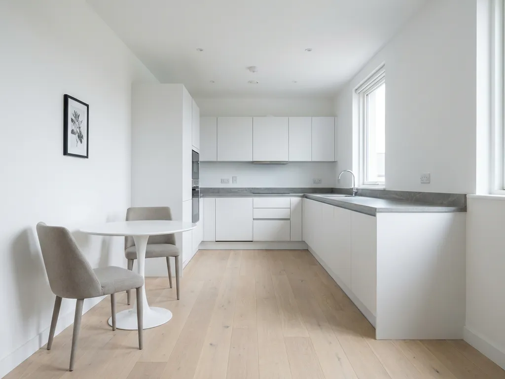 Helles Apartment mit Tulpen-Esstisch, greige Polsterstühlen, weißen Küchenschränken und hellem Eichenparkett in minimalistischem Stil.