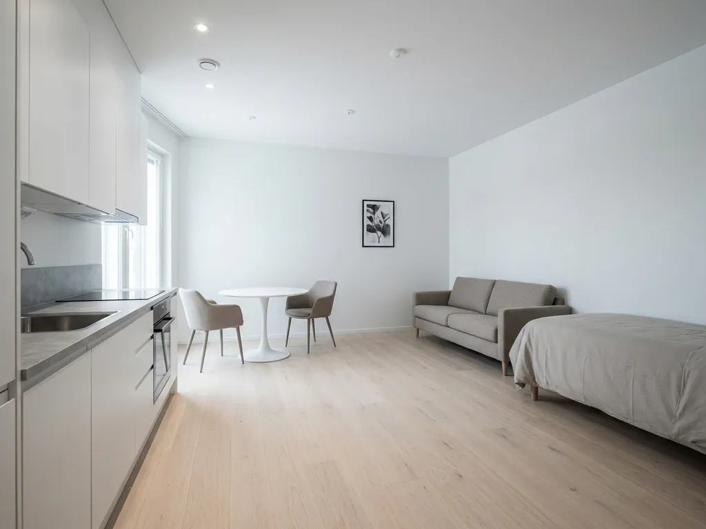 Minimalistisch eingerichtetes Studio-Apartment mit hellem Eichenparkett, weißer Einbauküche, Tulpen-Esstisch und greigem Sofa.