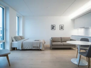 Minimalistisch eingerichtetes Apartment mit Einzelbett, Zweisitzer-Sofa und rundem Tulip-Esstisch auf hellem Parkettboden.