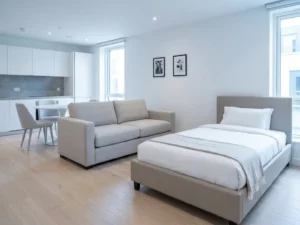 Minimalistisch eingerichtetes Apartment mit greigefarbenem Bett, Sofa, rundem Tulpen-Esstisch und weißer Küche auf hellem Eichenparkett.