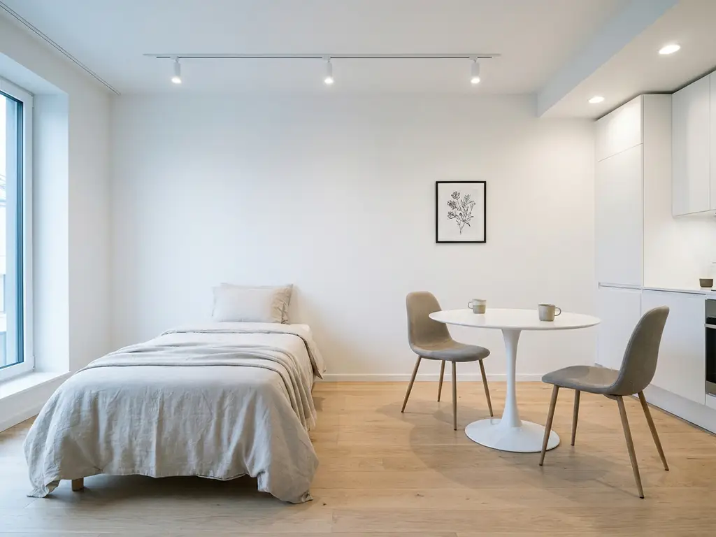 Minimalistisch eingerichtetes Apartment mit Einzelbett, rundem Tulip-Esstisch und weißen Küchenschränken auf hellem Eichenparkett.
