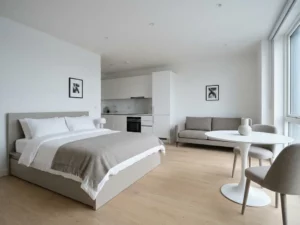 Minimalistisch eingerichtete Wohnung mit greigem Bett, Zweisitzer-Sofa, rundem Tulpen-Esstisch und weißer Einbauküche auf hellem Parkettboden.