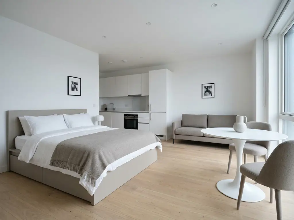 Minimalistisch eingerichtete Wohnung mit greigem Bett, Zweisitzer-Sofa, rundem Tulpen-Esstisch und weißer Einbauküche auf hellem Parkettboden.