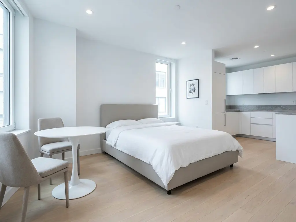 Minimalistisch eingerichtetes Apartment mit greigem Bettgestell, rundem Tulpen-Esstisch und hellem Eichenholzboden.