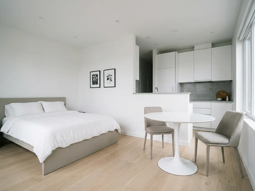 Minimalistisch eingerichtetes Apartment mit greigefarbenem Bett, rundem Tulpen-Esstisch und hellem Eichenholzboden.