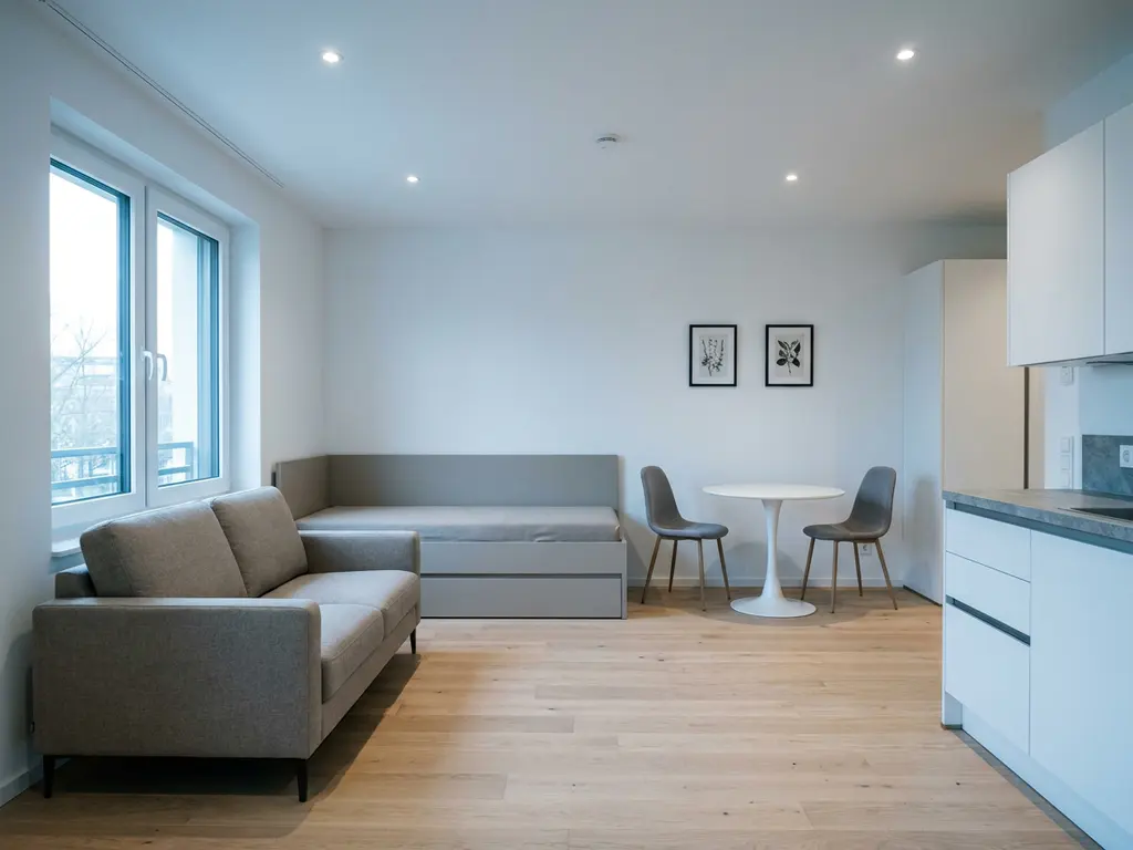 Minimalistisch möbliertes Apartment in Hannover mit hellem Parkettboden, weißer Küche, rundem Tulip-Esstisch und Greige-Sofa.