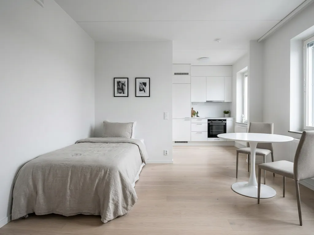 Minimalistisch eingerichtetes Apartment mit Einzelbett, rundem Tulip-Esstisch und weißer Einbauküche auf hellem Parkettboden.