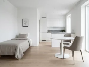Minimalistisch eingerichtetes Apartment mit hellem Parkettboden, weißer Tulpen-Esstisch, Einzelbett und botanischem Wandbild in Weiß und Greige.