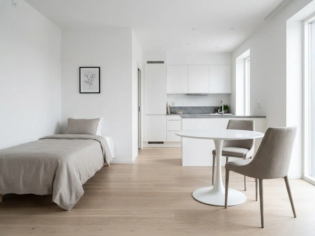 Minimalistisch eingerichtetes Apartment mit hellem Parkettboden, weißer Tulpen-Esstisch, Einzelbett und botanischem Wandbild in Weiß und Greige.