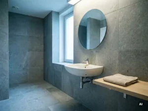 Rissiges weißes Wandwaschbecken in minimalistischem Badezimmer mit grauen Steinfliesen und rundem Spiegel.