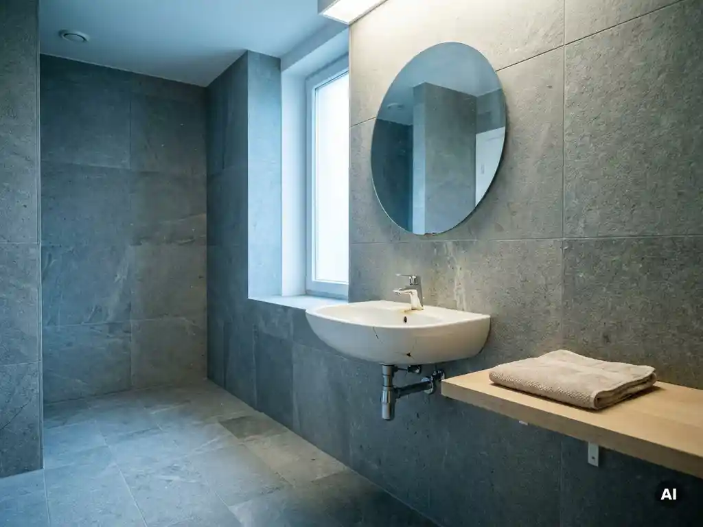 Rissiges weißes Wandwaschbecken in minimalistischem Badezimmer mit grauen Steinfliesen und rundem Spiegel.