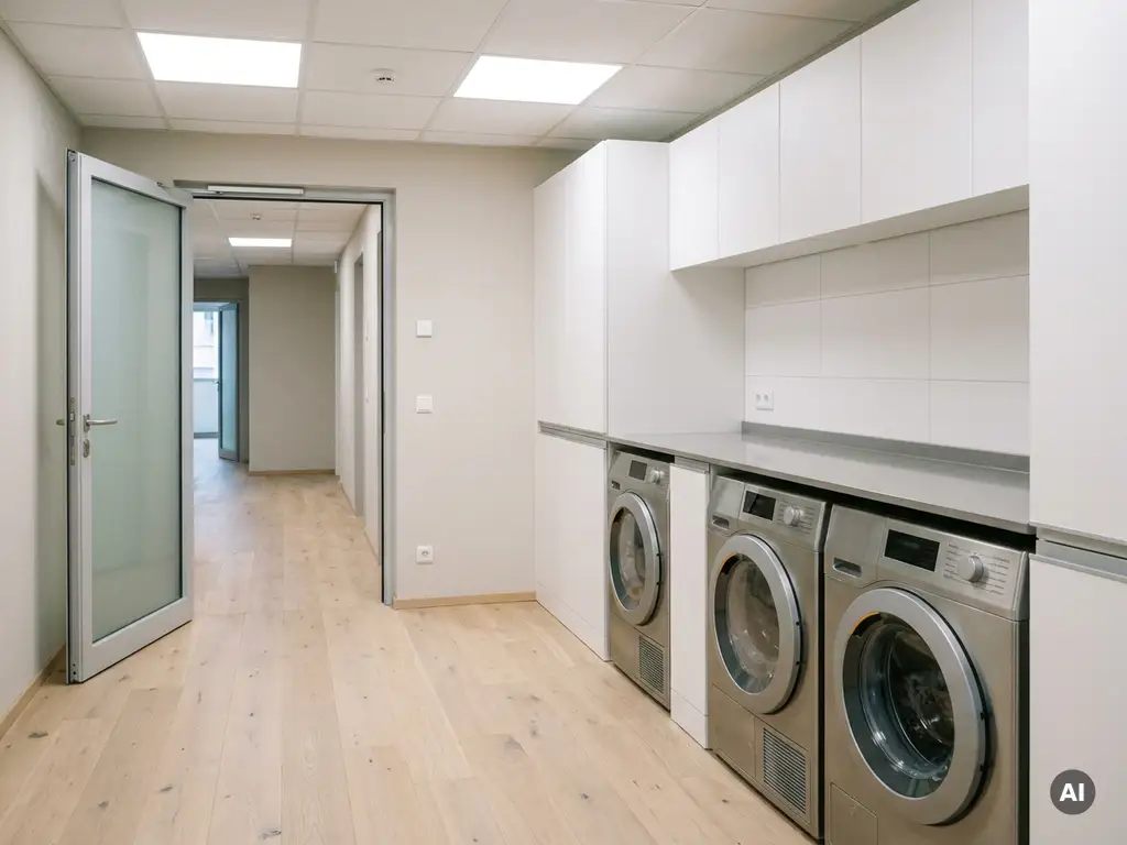 Gemeinschaftlicher Waschraum in deutschem Apartmentkomplex mit Edelstahl-Waschmaschinen, weißen Wänden und hellem Parkettboden.