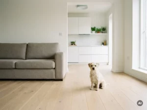 Kleiner Hund sitzt auf hellem Holzboden neben einem greigefarbenen Zweisitzer-Sofa in minimalistisch eingerichteter Wohnung.