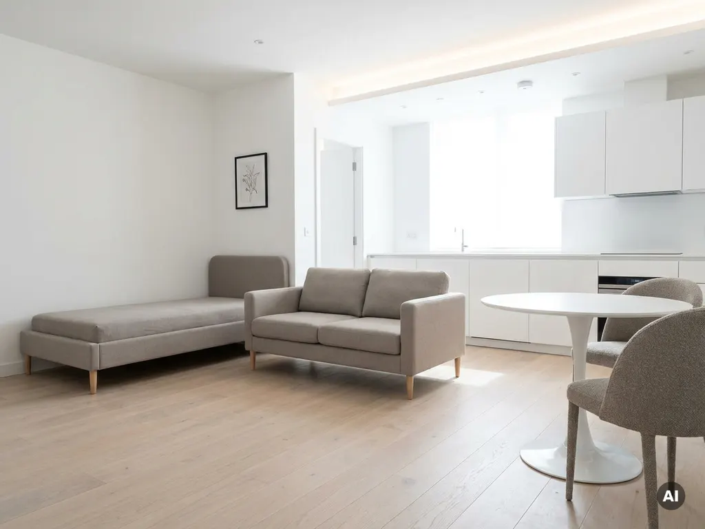 Minimalistisch eingerichtetes Apartment mit greigefarbenem Bett, weißem Tulpen-Esstisch und hellem Eichenholzboden.