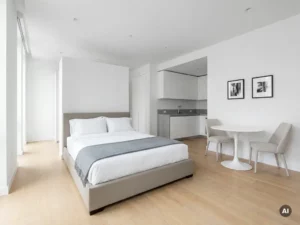 Minimalistisch eingerichtetes Apartment mit greigefarbenem Bettgestell, rundem Tulpen-Esstisch und hellem Parkettboden.