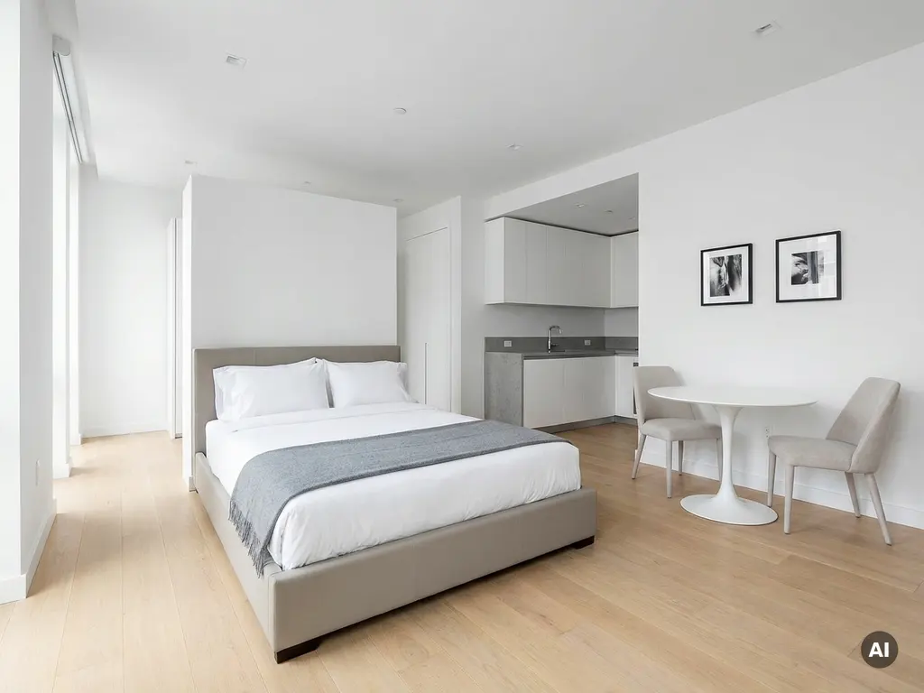 Minimalistisch eingerichtetes Apartment mit greigefarbenem Bettgestell, rundem Tulpen-Esstisch und hellem Parkettboden.