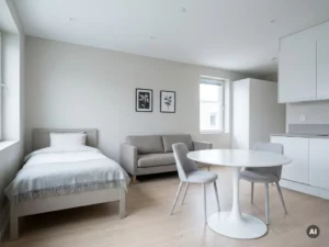 Minimalistisch eingerichtete Wohnung mit greigem Bettgestell, Zweisitzer-Sofa, rundem Tulpen-Esstisch und weißen Küchenschränken im Hintergrund.