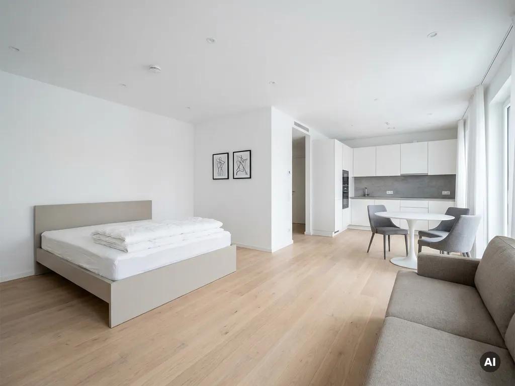 Minimalistisch eingerichtete Wohnung mit greigefarbenem Bett, Zweisitzer-Sofa, rundem Tulpentisch und weißer Einbauküche auf hellem Parkettboden.