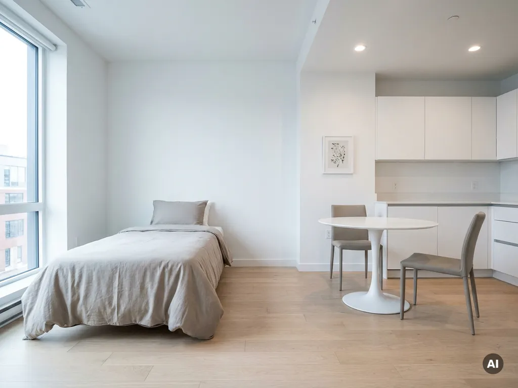 Minimalistisch eingerichtetes Apartment mit Einzelbett, rundem Tulip-Esstisch, zwei greigen Stühlen und weißer Einbauküche auf hellem Parkettboden.