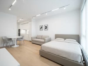 Minimalistisch möbliertes Apartment mit Greige-Bett, Zweisitzer-Sofa, rundem Tulpen-Esstisch und weißer Einbauküche auf hellem Eichenparkett.
