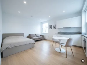 Minimalistisch eingerichtetes Apartment mit greigefarbenem Bett, Zweisitzer-Sofa, rundem Tulpen-Esstisch und weißer Einbauküche im Hintergrund.