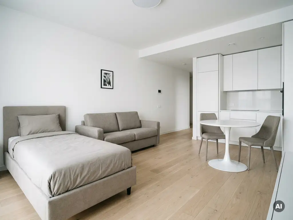 Minimalistisch eingerichtetes Apartment mit greigem Bett, weißer Tulpen-Esstisch, Zweisitzer-Sofa und hellen Holzböden.