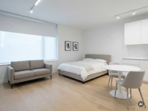 Minimalistisch eingerichtete Wohnung mit greigem Bettgestell, Zweisitzer-Sofa, rundem Tulpen-Esstisch und weißer Einbauküche auf hellem Parkettboden.