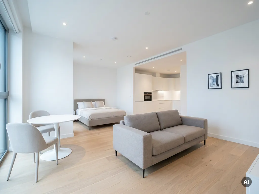 Minimalistisch eingerichtetes Apartment mit greigem Bett, Zweisitzer-Sofa, rundem Tulpen-Esstisch und weißer Einbauküche auf hellem Eichenparkett.