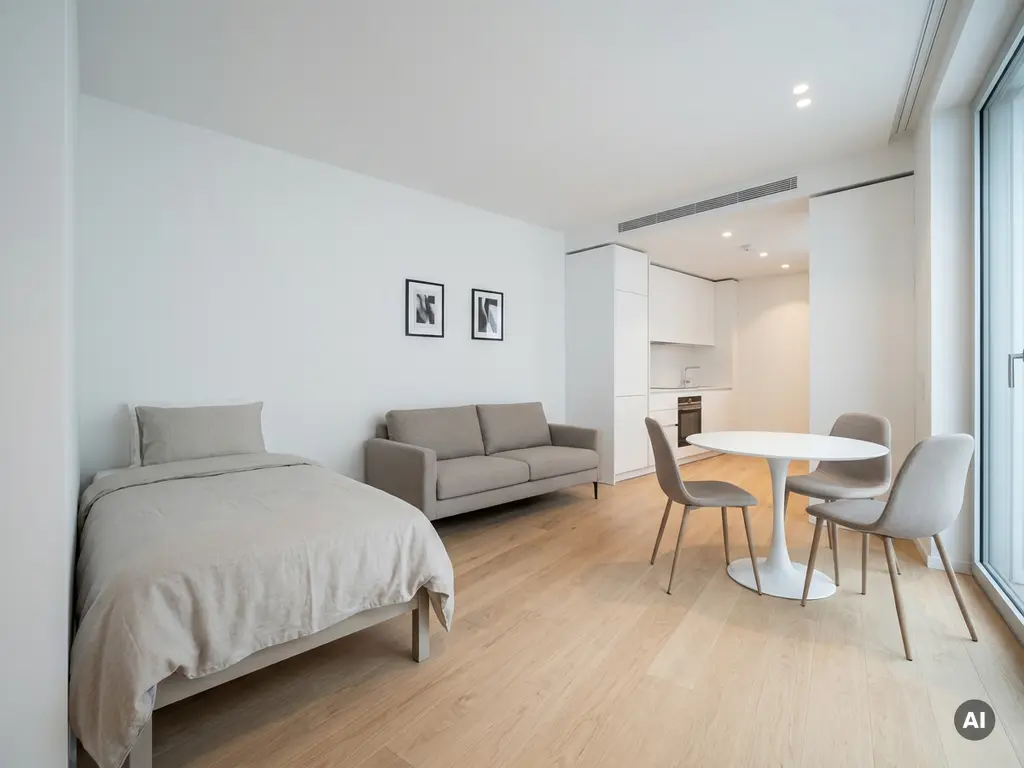 Minimalistisch eingerichtetes Apartment mit greigem Einzelbett, Sofa, rundem Tulpen-Esstisch und weißer Einbauküche auf hellem Parkettboden.