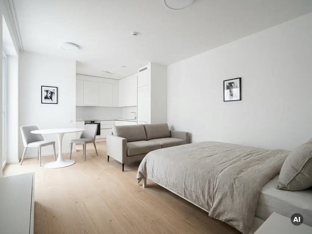 Minimalistisch eingerichtetes Apartment mit greigem Einzelbett, Sofa, rundem Tulip-Tisch und weißer Einbauküche auf hellem Parkettboden.