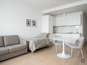 Minimalistisch eingerichtete Wohnung mit greigem Bett, Sofa, weißem Tulpen-Esstisch und hellen Holzböden.