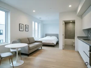 Minimalistisch eingerichtetes Apartment mit greigem Bettgestell, Tulpen-Esstisch, weißen Küchenschränken und hellem Eichenparkett.