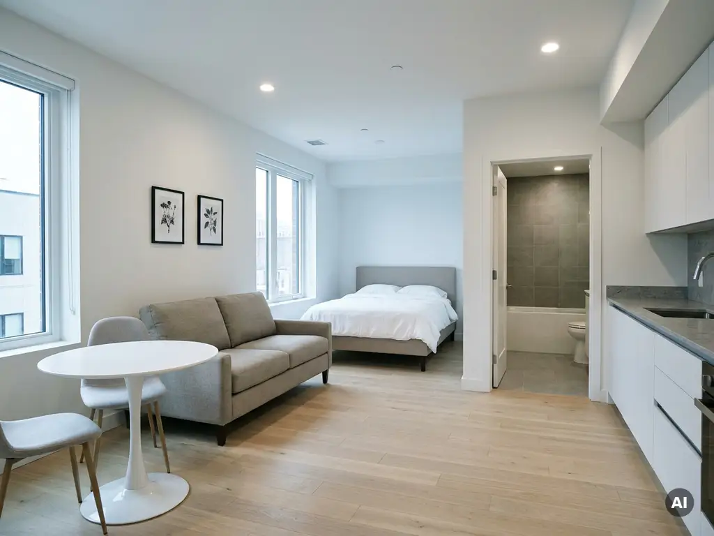 Minimalistisch eingerichtetes Apartment mit greigem Bettgestell, Tulpen-Esstisch, weißen Küchenschränken und hellem Eichenparkett.