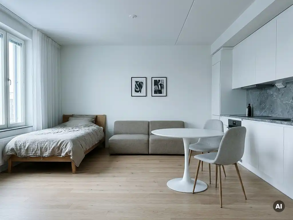 Minimalistisch eingerichtete Wohnung mit greigebeiger Bettwäsche, Tulip-Esstisch, hellen Holzböden und weißen Küchenschränken.