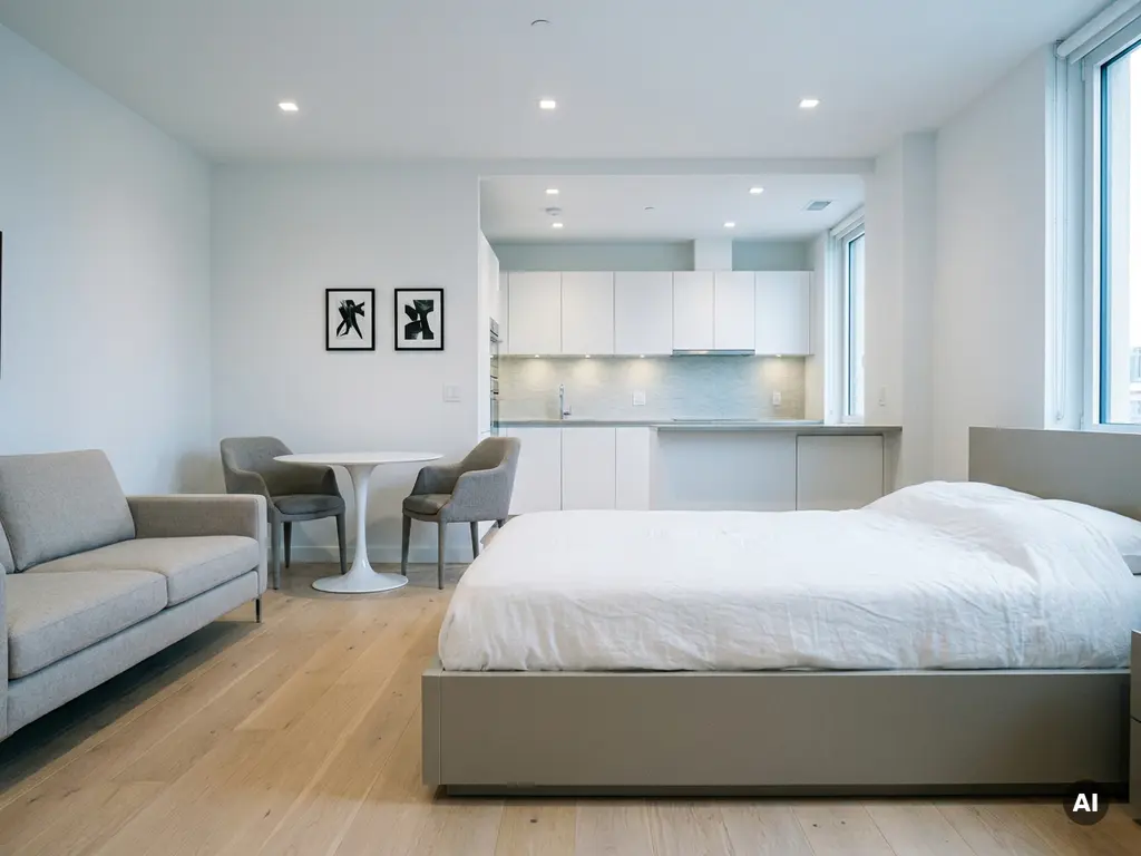 Minimalistisch eingerichtetes Apartment mit greigem Bett, hellem Sofa, rundem Tulpen-Esstisch und weißen Küchenschränken auf hellem Eichenparkett.