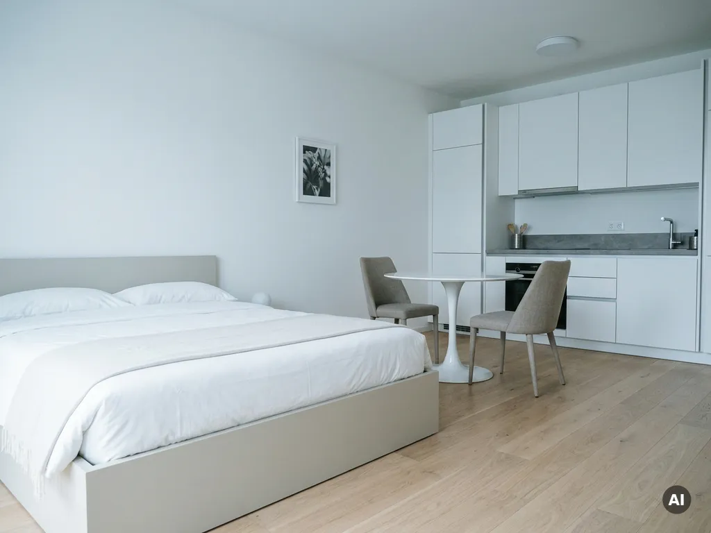 Minimalistisch eingerichtetes Apartment mit greigem Bettgestell, rundem Tulpen-Esstisch und weißen Küchenschränken auf hellem Eichenparkett.