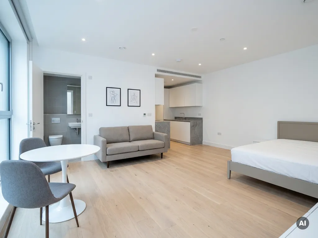 Minimalistisch eingerichtete Wohnung mit greigefarbenem Bett, weißer Tulpen-Esstisch, hellen Parkettböden und weißen Küchenfronten.