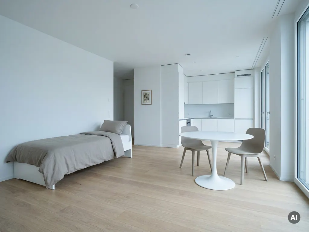 Minimalistisch eingerichtetes Apartment mit greigem Einzelbett, rundem Tulpen-Esstisch und weißer Einbauküche auf hellem Eichenparkett.