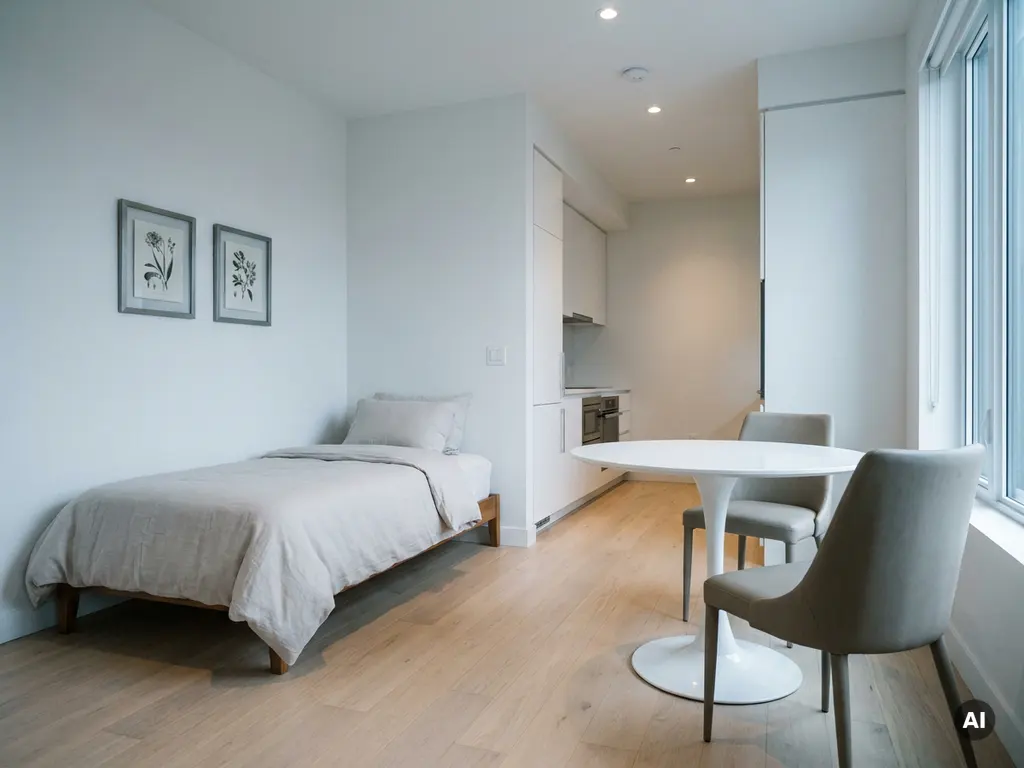 Minimalistisch eingerichtetes Apartment mit Einzelbett, rundem Tulpen-Esstisch und weißer Küche auf hellem Eichenparkett.