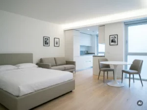 Minimalistisch eingerichtetes Apartment mit greigem Bett, weißem Tulpen-Esstisch und hellem Eichenholzboden.
